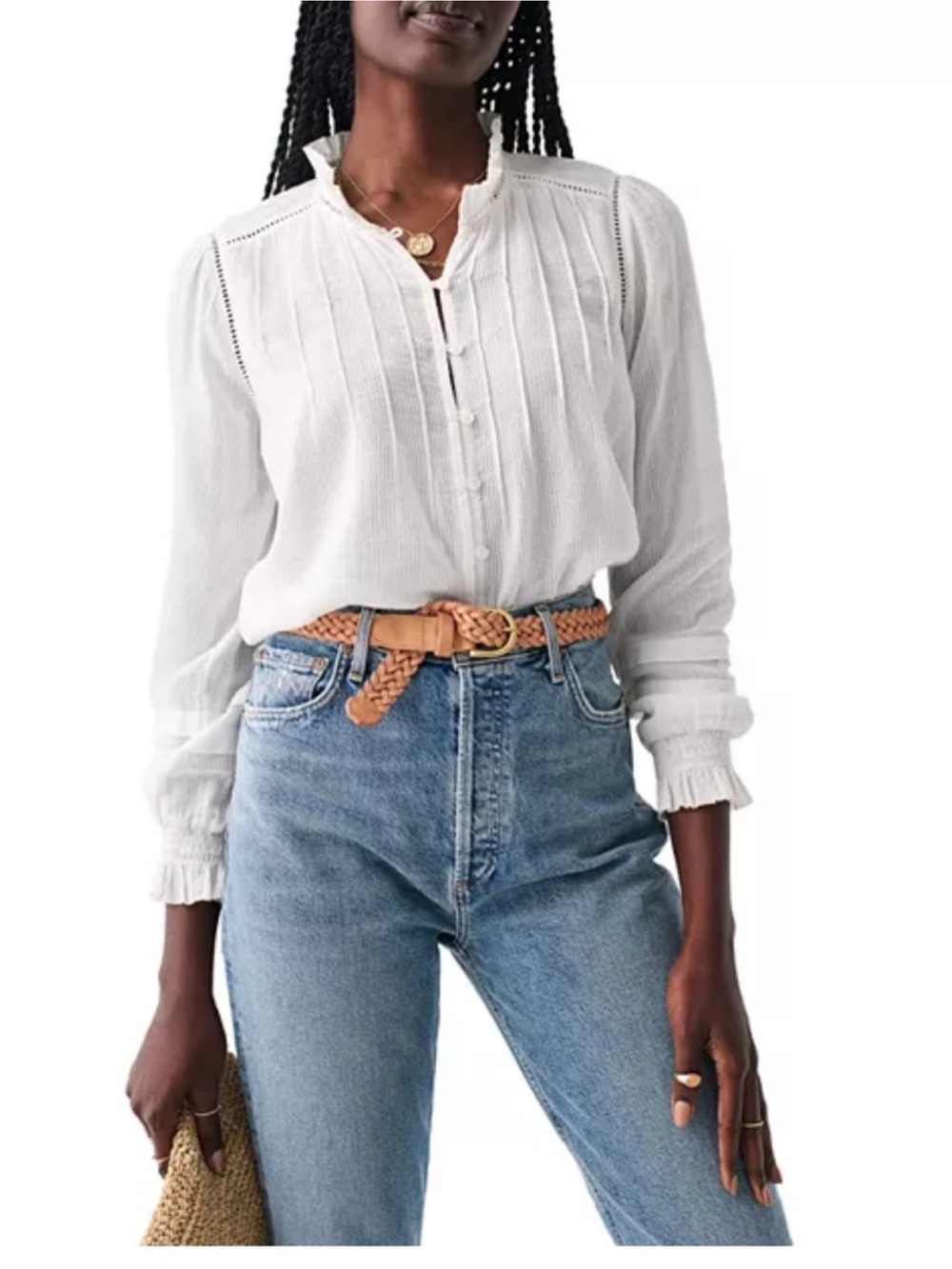 Faherty White Button-Down Pintuck Cotton Blouse